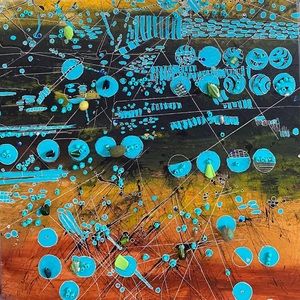 Various paintings water color, mixed media, block print on stretched canvas.